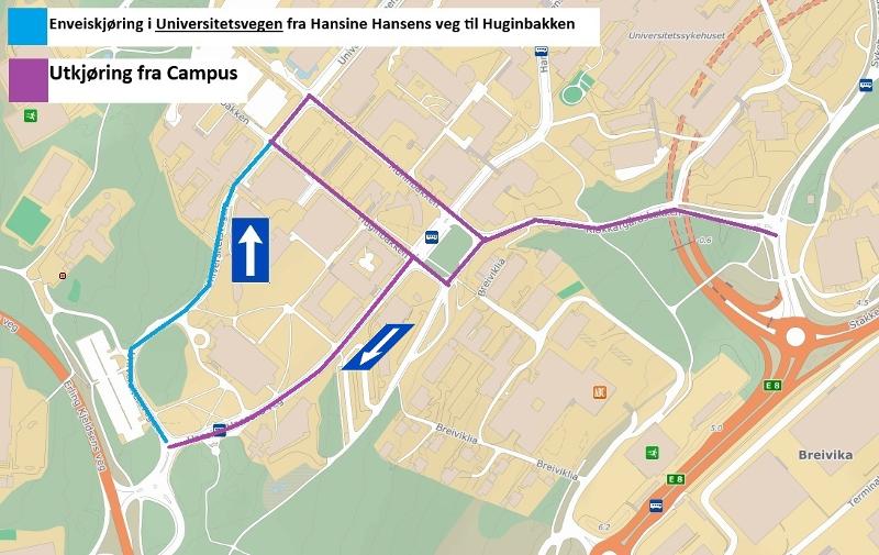 Bildet viser kjøremønster på campus i Breivika